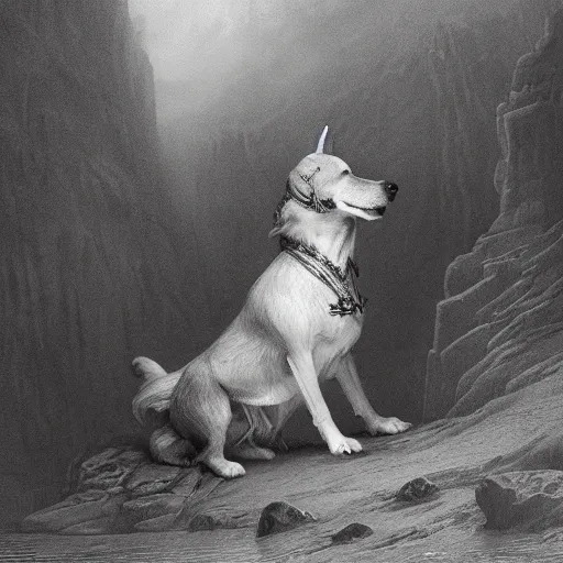 Prompt: dog with a blog, artstation, tolkien, highly detailed matte painting, gustave dore, victorian painting