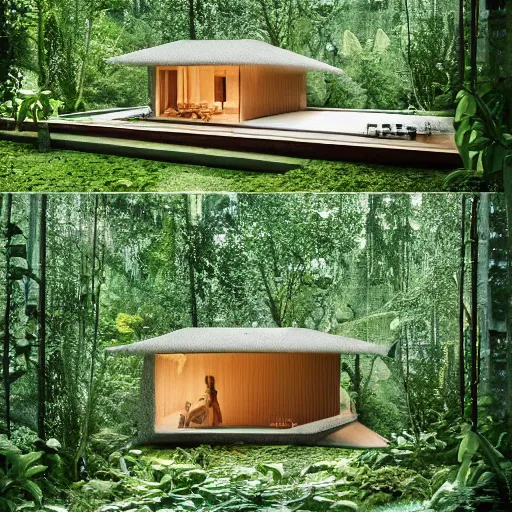 Image similar to a beautiful 3d renderings of a little huse in a jungle, architecture by Kengo Kuma. Architectural photography, 14mm, cinematic photography, high resolution 4k, cg architects, vray