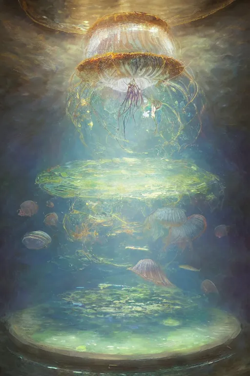 Image similar to a beautiful painting of a cylindrical moon jellyfish tank in an aquarium, ray of light, shimmering and prismatic, rococo, highly detailed, by krenz cushart and monet, trending on artstation.