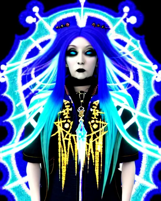 Image similar to baroque bedazzled gothic royalty frames surrounding a hologram of rimuru tempest with sky blue hair and golden yellow eyes, wearing a cybergoth jacket, holography, irridescent