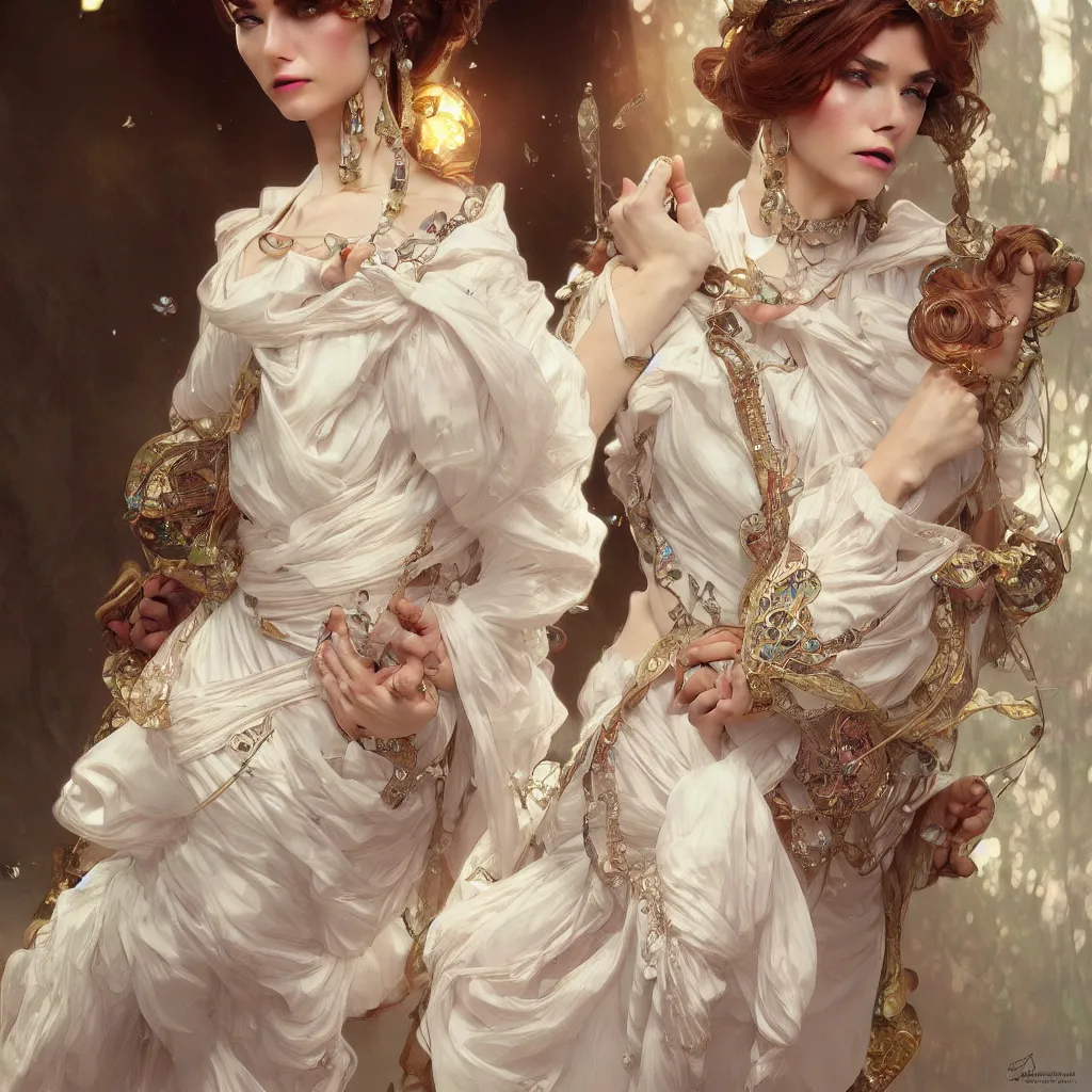 Image similar to one realistic one lady with a decorated dress made of white pearls , highly detailed, digital painting, Trending on artstation , HD quality, by artgerm and greg rutkowski and alphonse mucha, dramatic light, octane