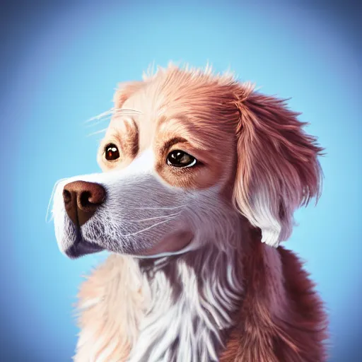 Image similar to crisp quality and light reflections, photorealistic portrait, studio lighting, still photo of a cute dog, bright studio setting, highly detailed, unreal engine 5 quality render