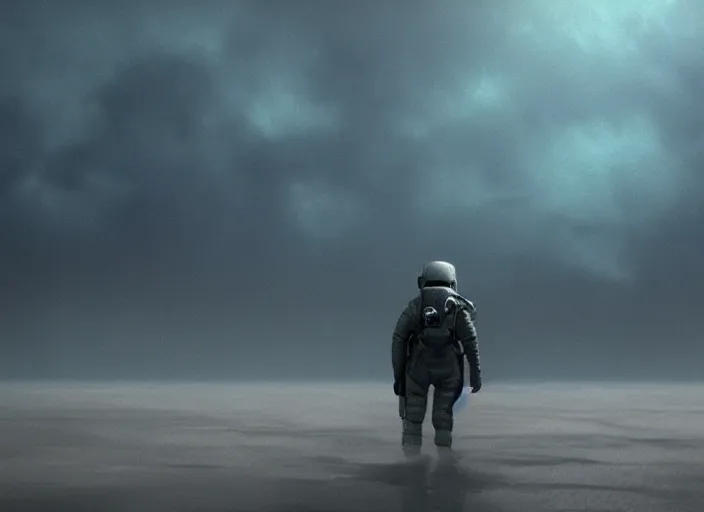 Image similar to astronaut holding a flag in an underwater desert. a submarine is visible in the distance. dark, concept art, cinematic, dramatic, atmospheric, 8 k, trending on artstation, blue, fish, low visibility, fog, ocean floor, christopher nolan, interstellar