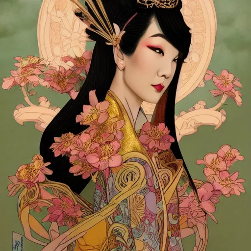 Prompt: asian princess portrait symmetry, with a flower kimono, curvy, royal style, elite, gold, art deco, stylized illustration by peter mohrbacher, moebius, mucha, victo ngai, colorful comic style