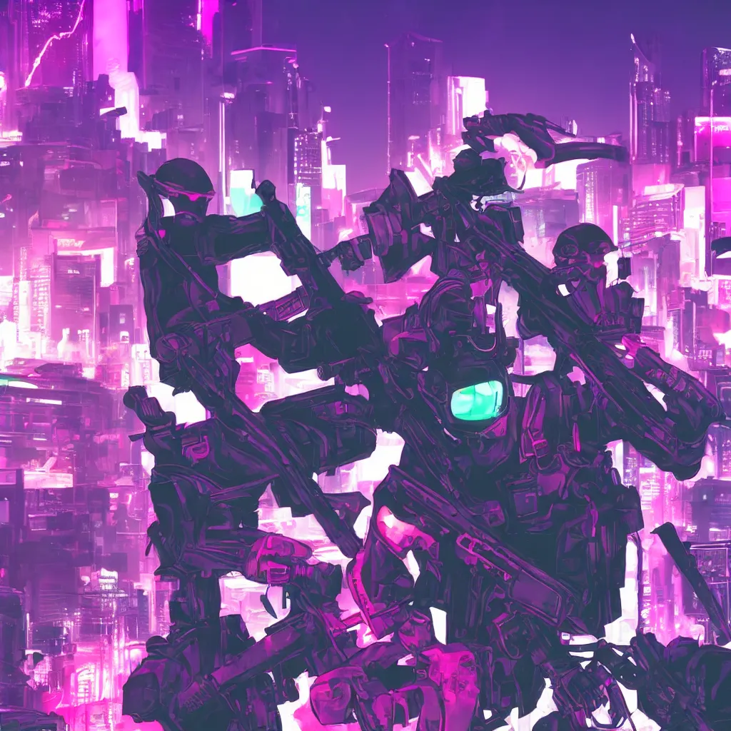 Image similar to portrait of Reaper (The World Ends With You) holding gun, cyberpunk aesthetic, city skyline on background, neon lights, glow, retrowave style