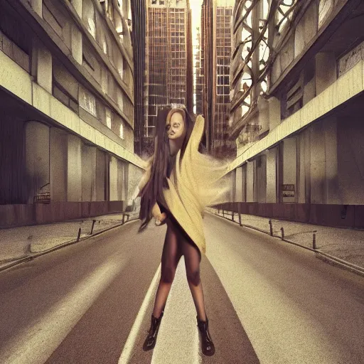 Prompt: a fashion model, creative, brown skin, digital art, photo manipulation, colossal, artstation, standing, giant, road, street, floor, ground