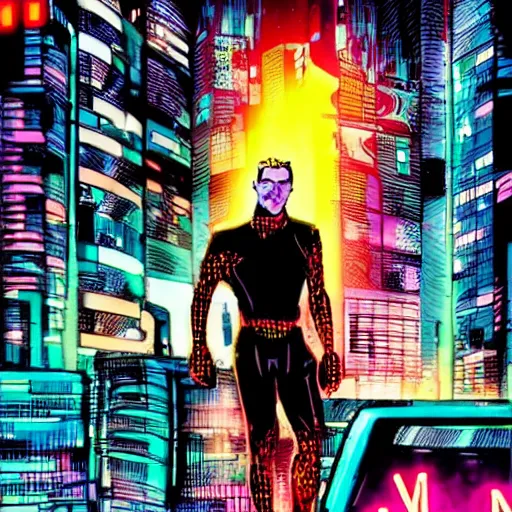 Image similar to a cyberpunk mafia boss with slicked back hair, in a cyberpunk setting, comic book art, cyberpunk, art by stan lee, neon lines, 8 0 s vibe colorful, bright high tech lights, movie still, epic, dramatic, marvel comics, dc comics