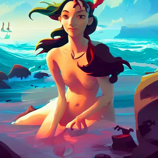 Image similar to painting mermaid treasure on sea of thieves game avatar hero smooth face median photoshop filter cutout vector, behance hd by jesper ejsing, by rhads, makoto shinkai and lois van baarle, ilya kuvshinov, rossdraws global illumination