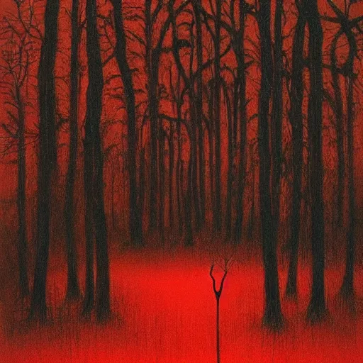 Image similar to “ tall figure in the woods, beksinski, dark, scary, red ”