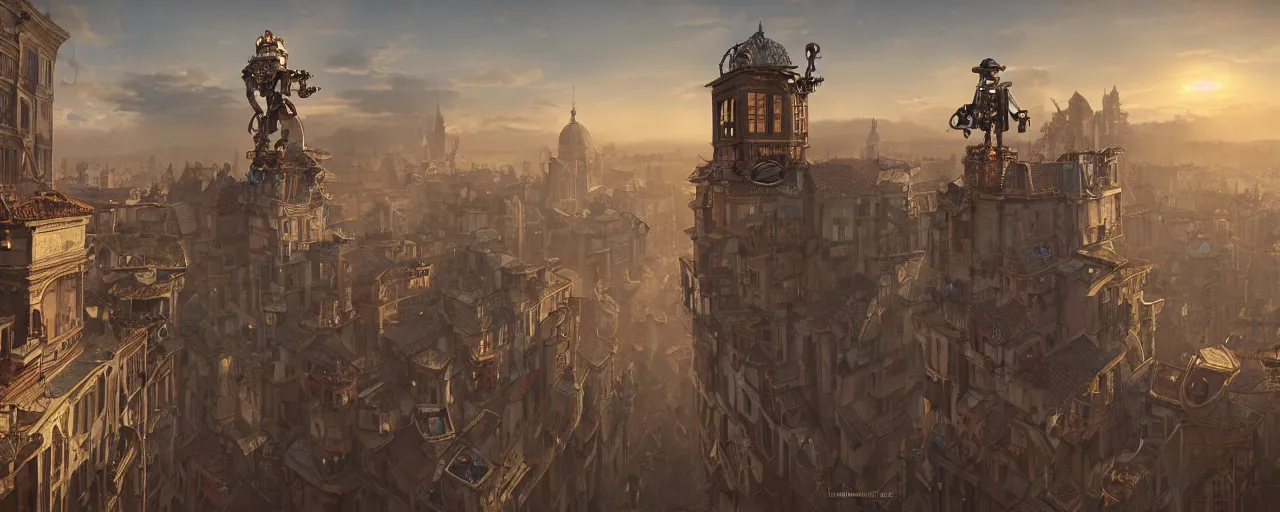 Image similar to a small cute steampunk robot standing on top of a building ledge overlooking a large renaissance steampunk city at sunset, backlit, by Eddie Mendoza , raphael lacoste, Andree Wallin, cinematic lighting, 8k, very detailed, ornate, beautiful composition,