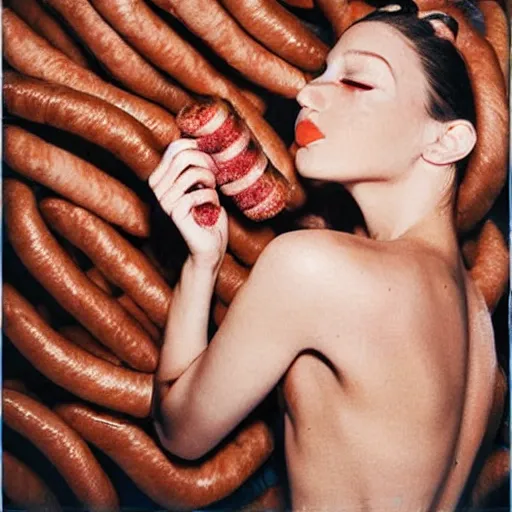 Image similar to a fashion model curls her hair using hot dogs. surreal photograph, toiletpaper magazine, 3 5 mm photograph, by pierpaolo ferrari, maurizio cattelan