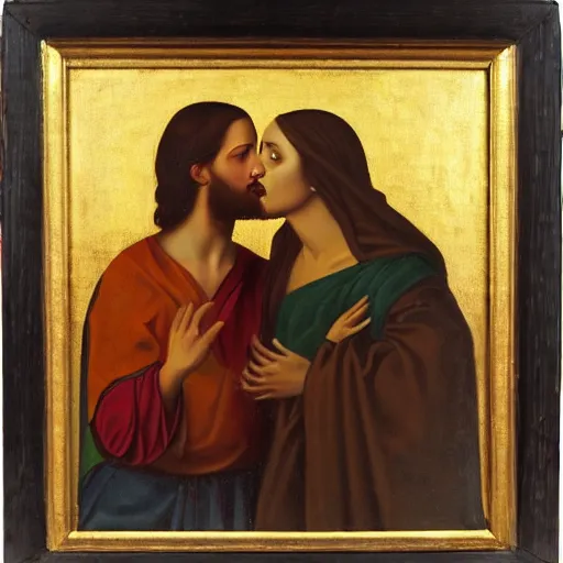 Image similar to 1 8 th oil panting of a jesus kissing a woman