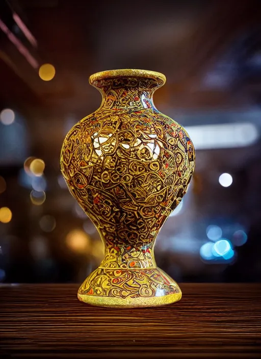 Image similar to a 2 8 mm macro photo of a broken intricate ming vase, splash art, movie still, bokeh, canon 5 0 mm, cinematic lighting, dramatic, film, photography, golden hour, depth of field, award - winning, anamorphic lens flare, 8 k, hyper detailed, 3 5 mm film grain