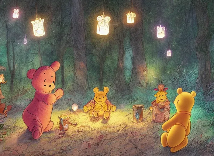 Image similar to concept art of a birthday party in the woods at night with winnie the pooh characters, paper lanterns and fairy lights, detailed, realistic, cel shaded, in the style of makoto shinkai and moebius and peter mohrbacher and james gurney