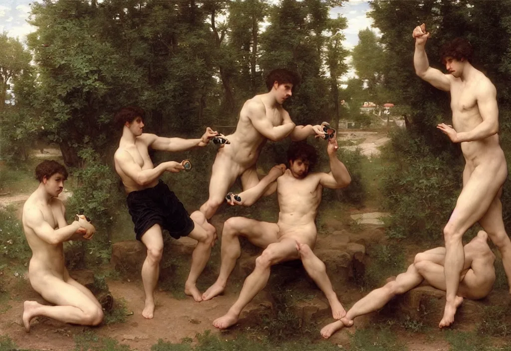 Image similar to pre-Raphaelite male muscular athletic gamers playing games on laptops by Bouguereau