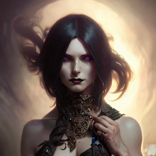 Image similar to goth female, muscular upper body, D&D, fantasy, intricate, elegant, highly detailed, digital painting, artstation, concept art, smooth, sharp focus, illustration, art by artgerm and greg rutkowski and alphonse mucha