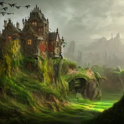 Prompt: a hyperrealistic digital matte painting of a verdant fantasy countryside, very far royal steampunk castle, highly detailed, trending on artstation