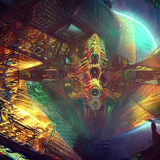 Image similar to fantasy village cryengine sacred geometry photography render by android jones, syd mead, and john stephens