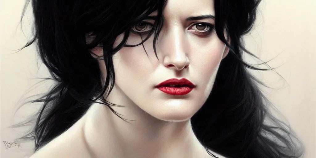 Image similar to portrait of eva green, black hair, elegant, real life skin, intricate artwork, high detailed, artstation, concept art, smooth, sharp focus, art by artgerm and greg rutkowski @ ruprechy