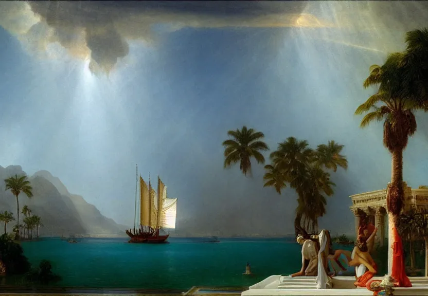 Image similar to Palace floating in the sky, refracted sparkles, thunderstorm, greek pool, beach and palm trees on the background major arcana sky, by paul delaroche, hyperrealistic 4k uhd, award-winning, very very very detailed