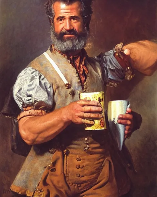 Prompt: a painting of mel gibson holding a mug of beer at the oktoberfest, a detailed painting by konstantin makovsky and by jan matejko and by nikolay makovsky, shutterstock contest winner, german romanticism, detailed painting, oil on canvas, wimmelbilder