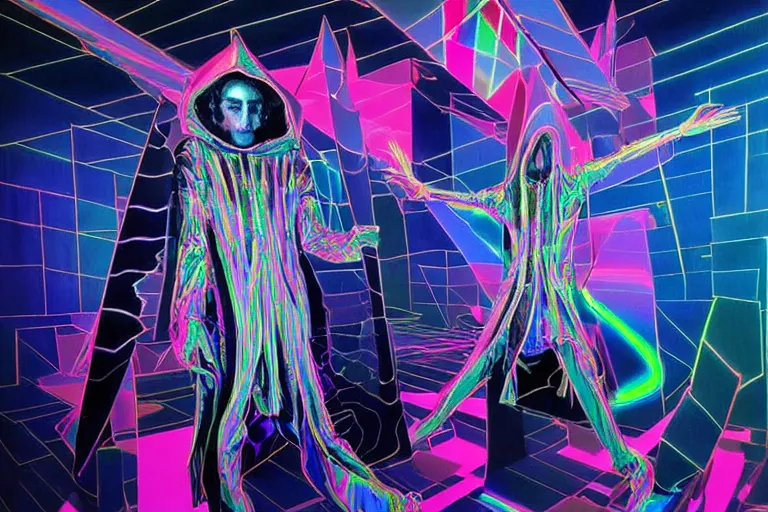 Prompt: a highly detailed beautiful masterpiece photograph of a technomancer wizard in dazzle camouflage robes with pointed hood facetiming his AI djinn hologram in his laboratory near a holographic super-computer by Remedios Varo and Anato Finnstark and Greg Rutkowski and Andy Warhol, dayglo pink, dayglo blue, prismatic, pearlescent white, raven black, hyperrealism, 8k, trending on ArtStation, rendered in Octane, rendered in Unreal engine, award winning, volumetric lighting