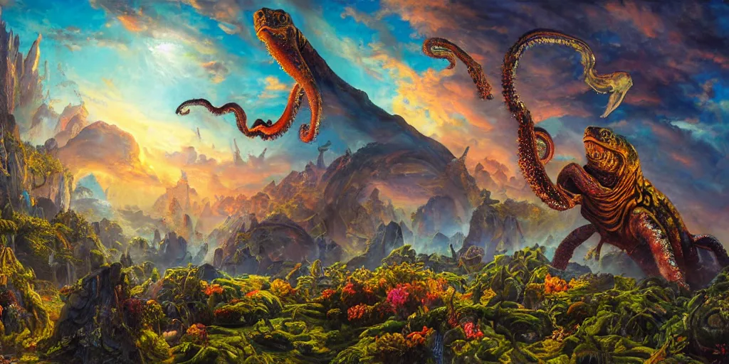 Image similar to fantasy oil painting, great leviathan, cybernetic turtle cephalopod terrapin reptilian pachyderm squid, bella hadid, hybrid, milla jovovich, anubis, epic natural light, lush plants flowers, spectacular mountains, bright clouds, luminous sky, outer worlds, golden hour, michael cheval, edward hopper, michael whelan, vray, hd