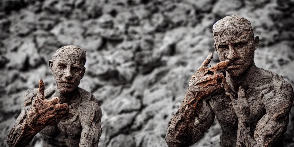 Image similar to highly detailed photography of a men made of rust clay, big rocks, hand gesture, sharp focus, clay texture, dramatic scene, aesthetic, dynamic lighting, elegant, harmony, masterpiece, by javier marin, high quality, spatula