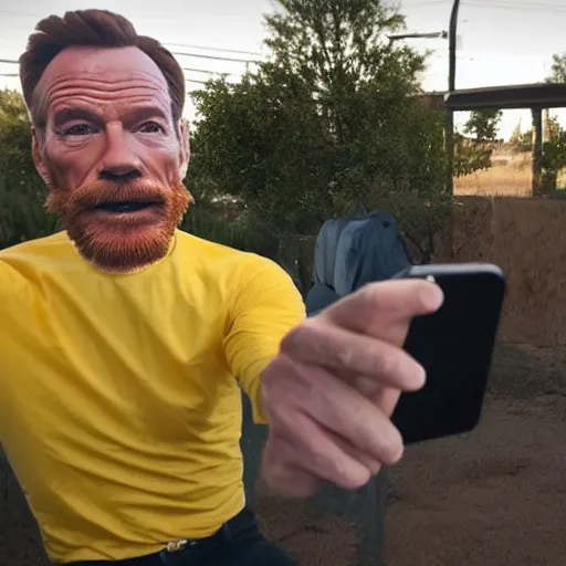 Prompt: A still of Jerma taking a selfie with Bryan Cranston in Albuquerque, New Mexico with a yellow filter, real life, hyperrealistic, ultra realistic, realistic, highly detailed, epic, HD quality, 8k resolution, body and headshot, Trending on Artstation, very realistic