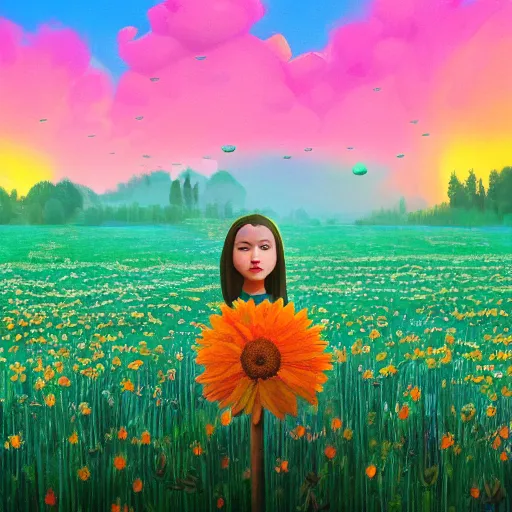 Image similar to giant daisy flower as head, girl sitting in a flower field, surreal photography, sunrise, dramatic light, impressionist painting, colorful clouds, digital painting, artstation, simon stalenhag