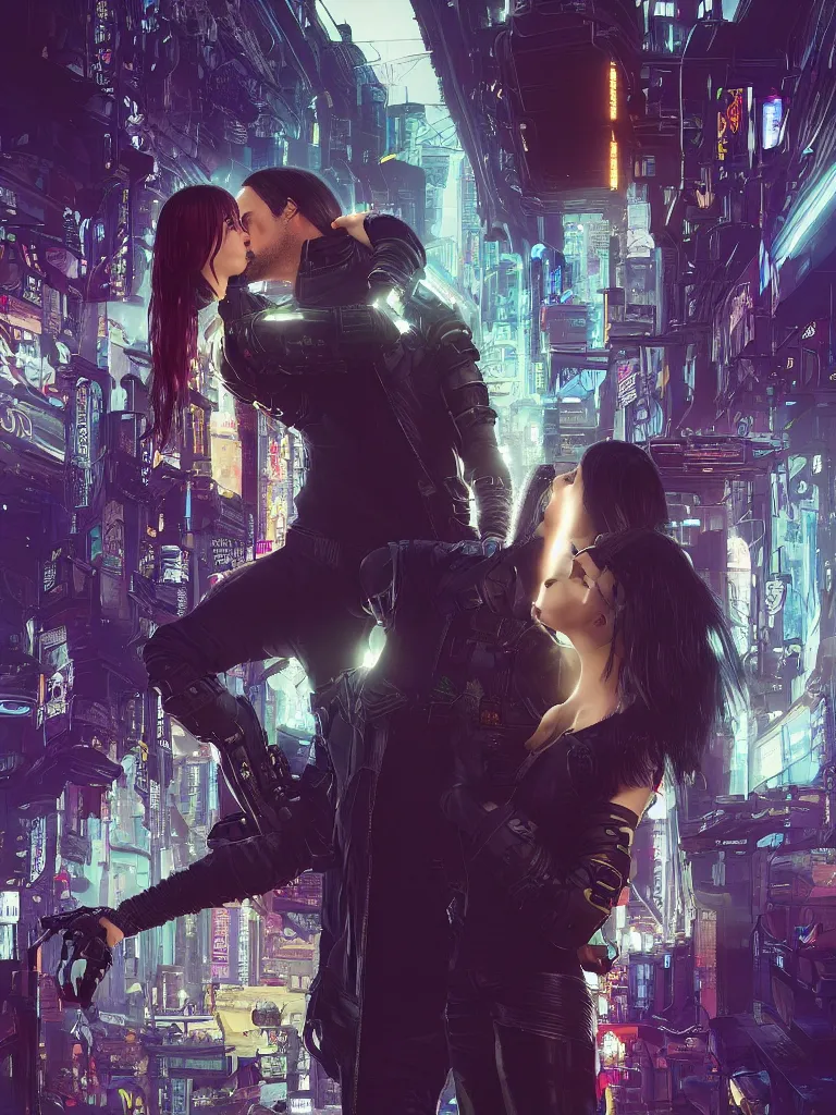 Image similar to a cyberpunk 2077 srcreenshot wedding couple portrait of Keanu Reeves and female android final kiss,love,film lighting,by Laurie Greasley,Lawrence Alma-Tadema,Dan Mumford,John Wick,Speed,Replicas,artstation,deviantart,FAN ART,full of color,Digital painting,face enhance,highly detailed,8K,octane,golden ratio,cinematic lighting