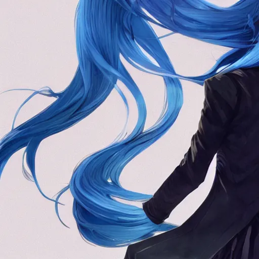 Image similar to low - angle shot from behind of a long blue - haired girl in a tailcoat overlooking demacia, combat boots, noir, screenshot, sharp focus, intricate, illustration, cell shaded, digital painting, highly detailed, straight hair, art by ilya kuvshinov, wlop, greg rutkowski, studio quality, james jean