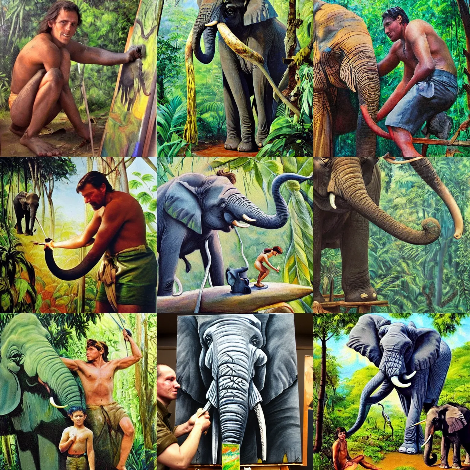 Prompt: tarzan the painter from the jungle, making an oil painting. an elephant is in the painting. award winning photo.