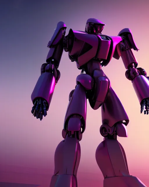 Image similar to hyperrealistic 3d render full mecha iridescent pink dramatic landscape concept art vray ute osterwald de chirico sharp cinematic very moody light 8k low angle shallow depth of field