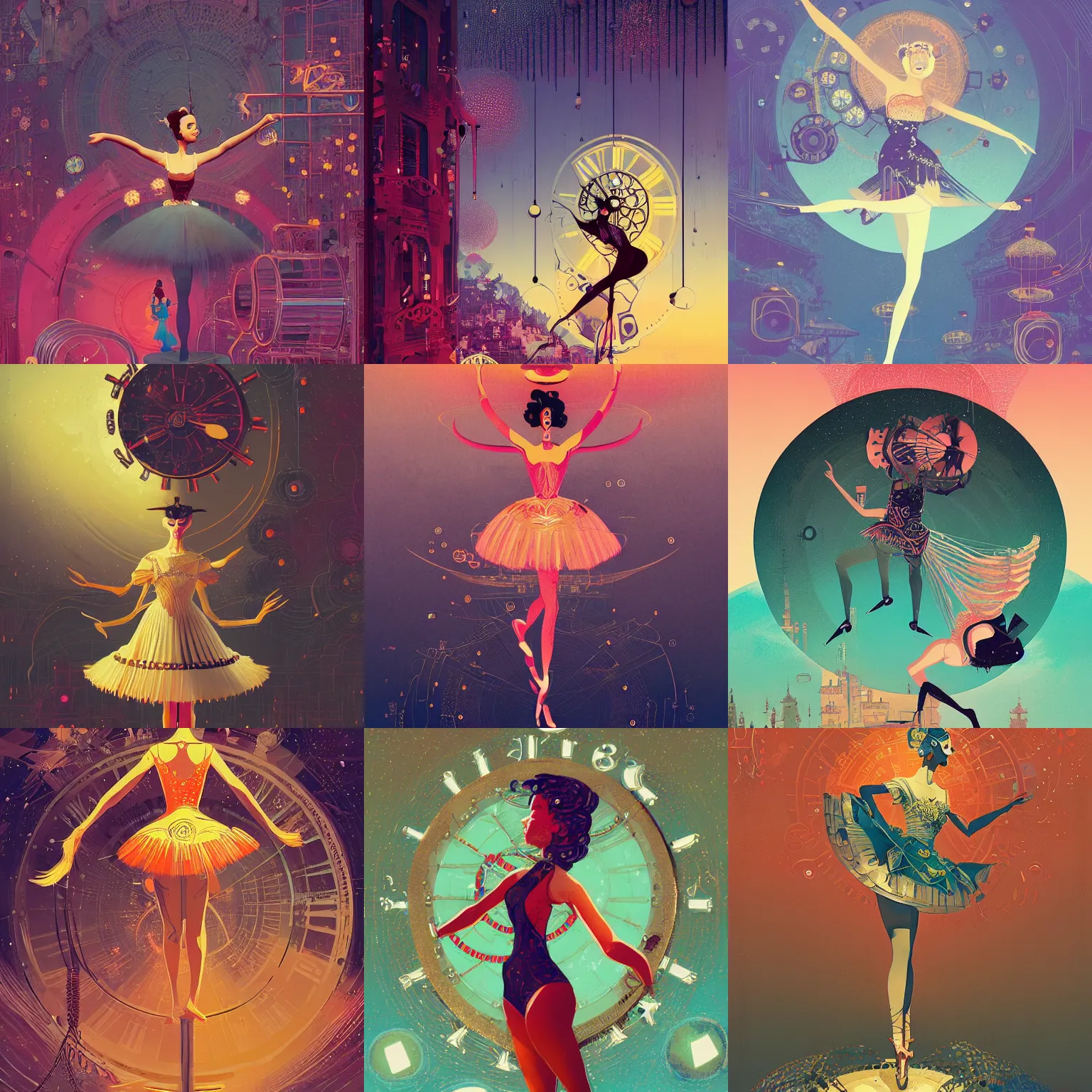 Prompt: Clockwork ballerina by Victo Ngai and James Gilleard and Bruce Pennington