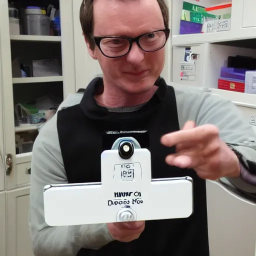 Image similar to Dwight is excited that he got a new Dymo label maker