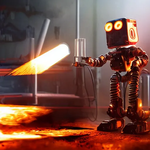 Image similar to toaster oven terminator robot, dark messy smoke - filled cluttered workshop, dark, dramatic lighting, orange tint, sparks, plasma charge, cinematic, highly detailed, sci - fi, futuristic, movie still