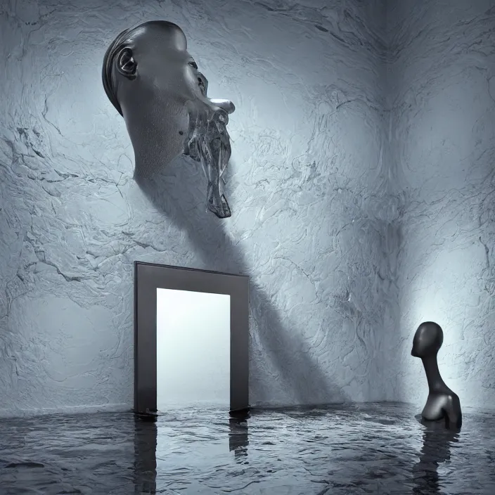 Image similar to hyperrealistic random objects in a surreal minimalistic dreamscape environment by salvador dali, enormous melting mannequin head statue, highly detailed, 3 d render, vray, octane, beautiful lighting, photorealistic, intricate, elegant, wayne barlowe, water, mirrors, doorway, beautiful, masterpiece, trending on artstation, artgerm, checkered floor