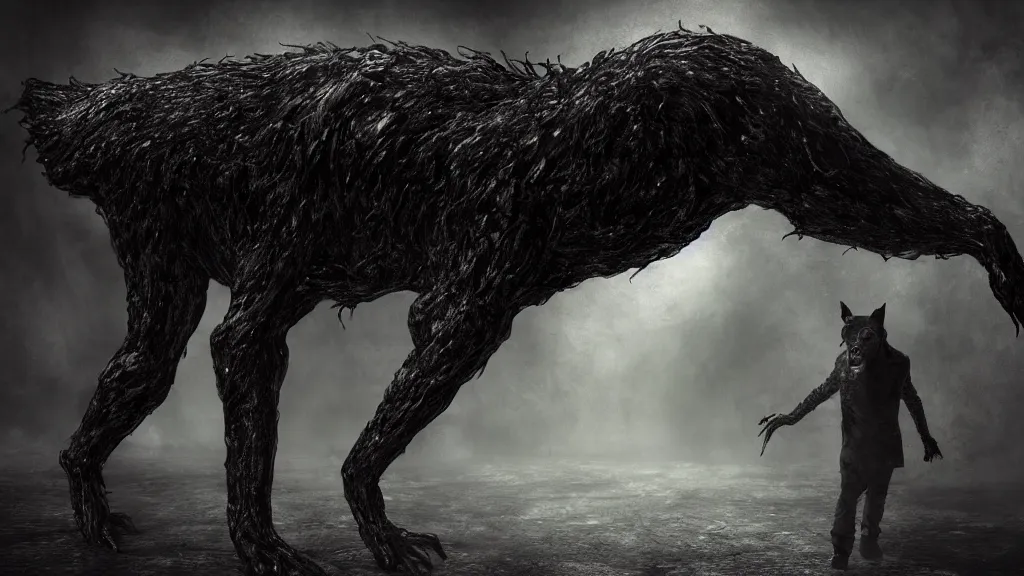 Prompt: monster black dog, eldritch, horror, 8K, concept art, filmic, HDR, hyperrealism, volumetric lighting, Dark art