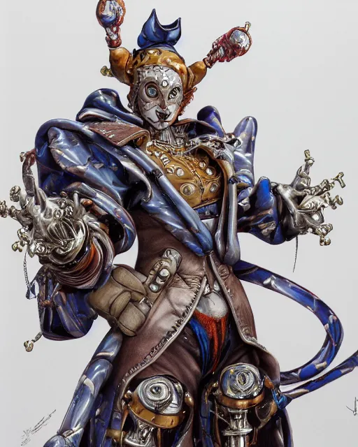 Image similar to jester, harlequin by yoshitaka amano, by masamune shirow, biomechanical, profile portrait, 4 k, wide ayes, hyper detailed, hyperrealism, anime