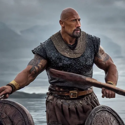 Image similar to dwayne johnson in vikings on a boat 4 k quality super realistic