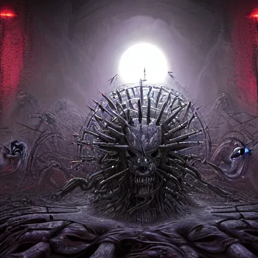 Image similar to hyperreal demonic lovecraftian hellraiser biomechanical cenobite, black void, eclipse by wayne barlowe, alan lee, giger, brian froud, lisa frank, luis royo, beksinksi, and alex grey, rendered in octane and unreal engine 5, trending on cgsociety, in the style of doom, warhammer 4 0 k, dead space, halo