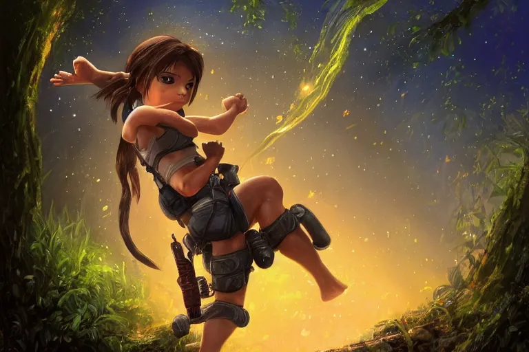 Prompt: wide shot of exhausted Chibi Lara Croft climbing out of a roaring ancient river, fireflies by Lilia Alvarado