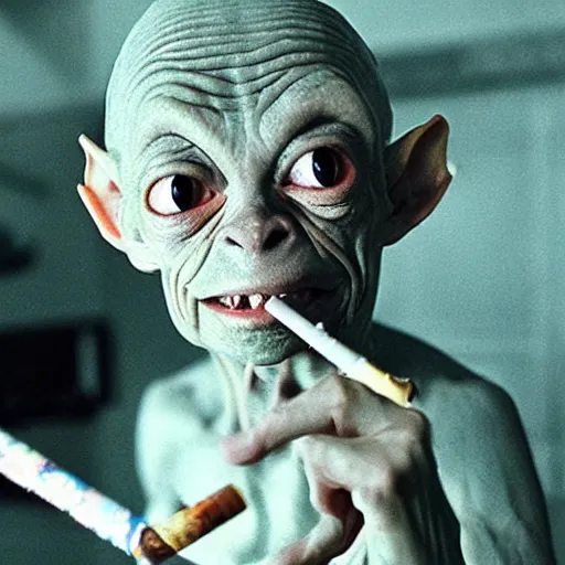 Image similar to gollum with cigarette selfie