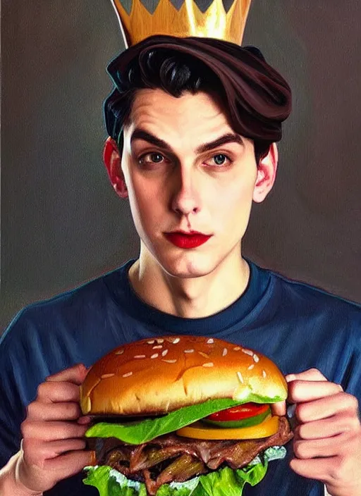 Image similar to oil painting, jughead jones wears a grey crown and devours a hamburger, intricate, elegant, highly detailed, lighting, painting, artstation, smooth, illustration, art by greg rutowski and alphonse mucha