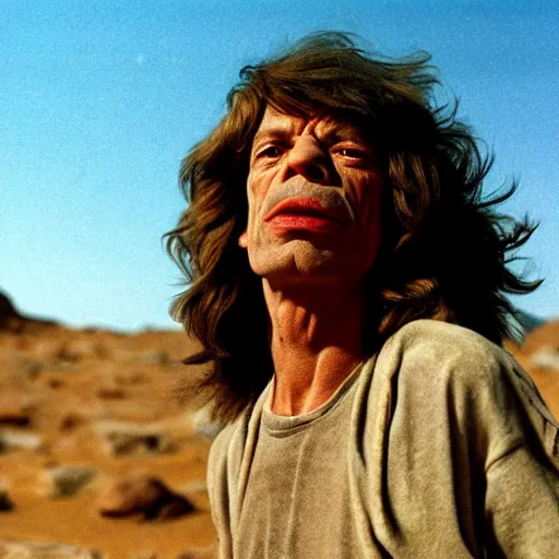 Image similar to mick jagger in a dry rocky desert landscape, visible sky and sunny atmosphere, fata morgana by alejandro jodorowsky, anamorphic lens, kodakchrome, 8 k -