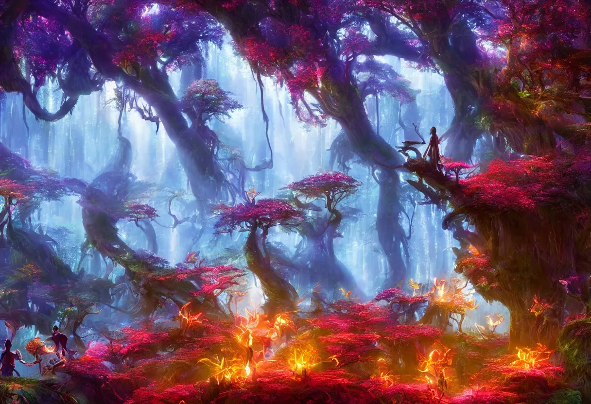 Prompt: A masterpiece digital art piece of a glowing magical forest form the movie Avatar. There are glowing blue plants, glowing red mushrooms, big trees and overhanging shrubbery. The air is fresh, stress-relieving. Heaven on earth. Trending on Artstation, cgsociety.