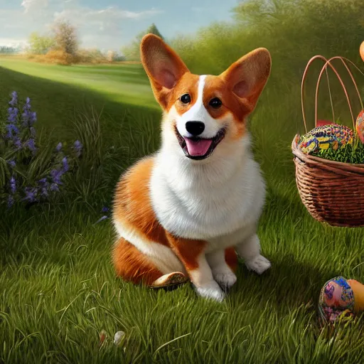 Prompt: anthropomorphic corgi hunting easter eggs, grass, yard, oil on canvas, intricate, 8 k highly professionally detailed, hdr, cgsociety