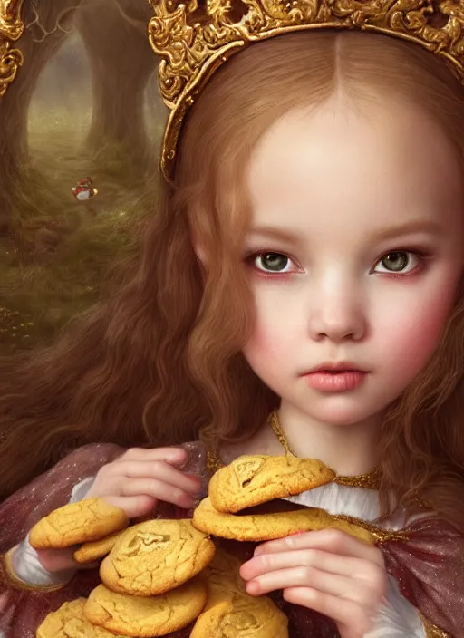 Image similar to highly detailed closeup portrait of a fairytale medieval princess eating cookies, unreal engine, nicoletta ceccoli, mark ryden, lostfish, earl norem, global illumination, god rays, detailed and intricate environment