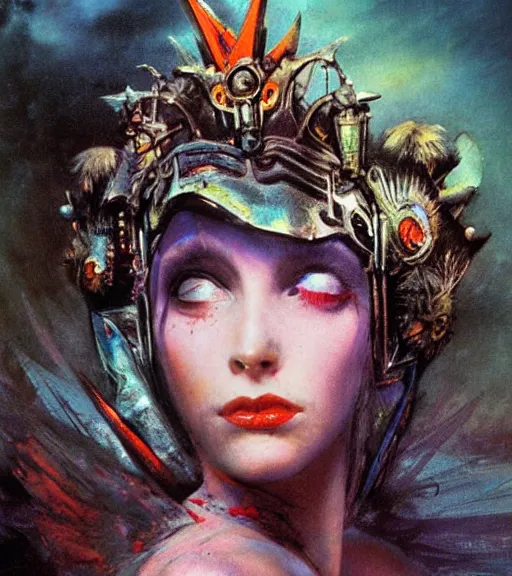 Image similar to princess of the wasteland, scrap metal headdress, strong line, vivid neon color, high contrast, beautiful! coherent! by brian froud, by frank frazetta, low angle